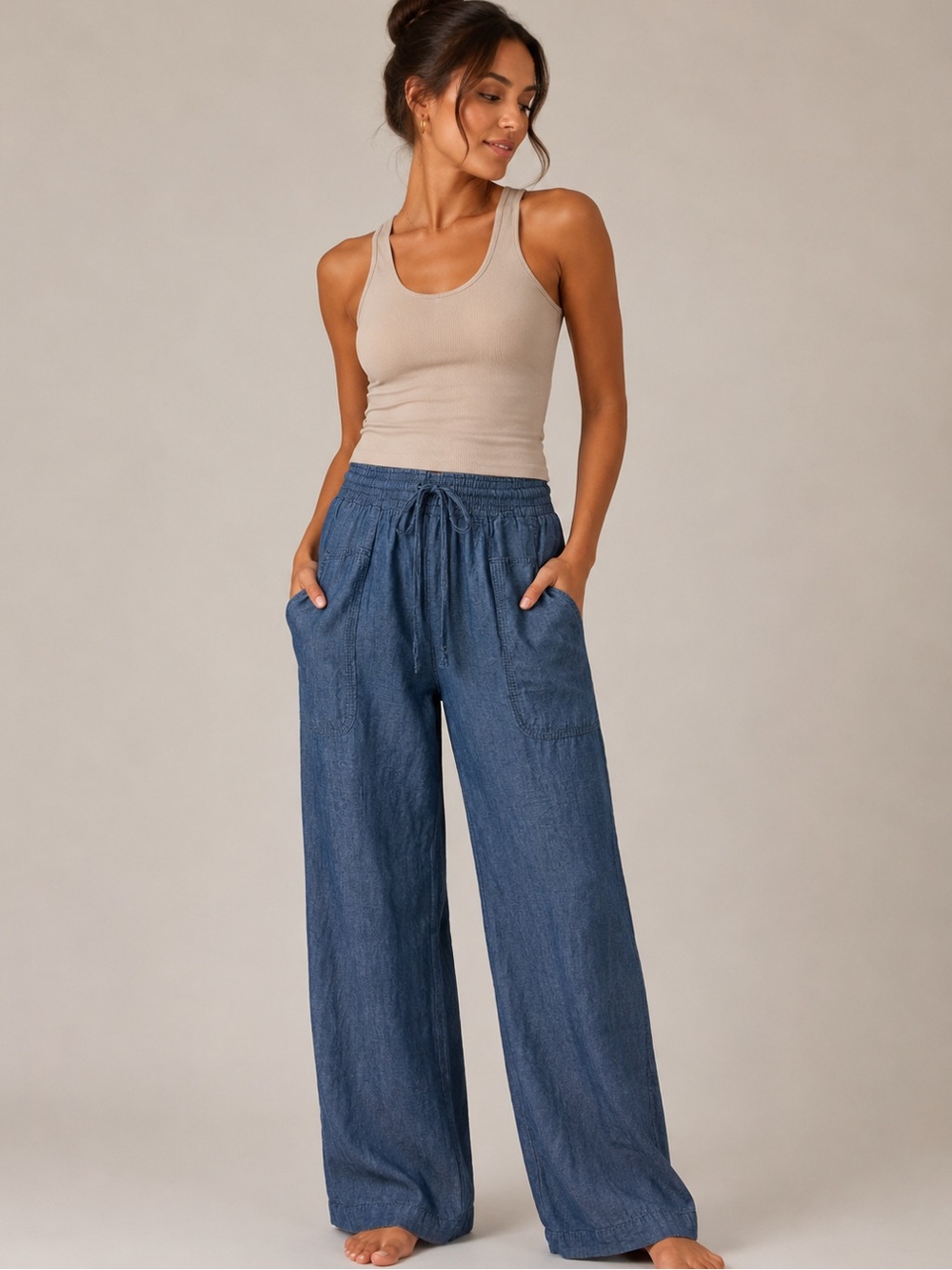 Lucky Brand Women's Wide-Leg Chambray Drawstring Pants in Indigo Blue